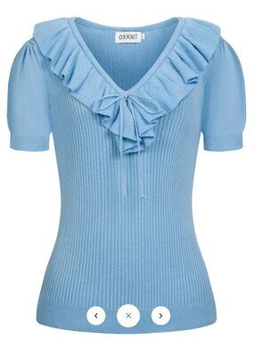 Oxknit Women's Light Blue Retro Ruffled Tie-Waist V-Neck Knit T-Shirt XL